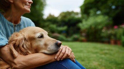 Senior woman embracing golden retriever in lush garden: peaceful retirement