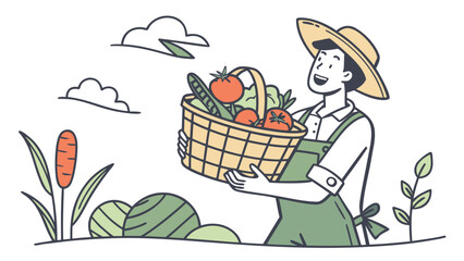 Illustration of a farmer holding a basket full of fresh vegetables in a rural farm landscape scene
