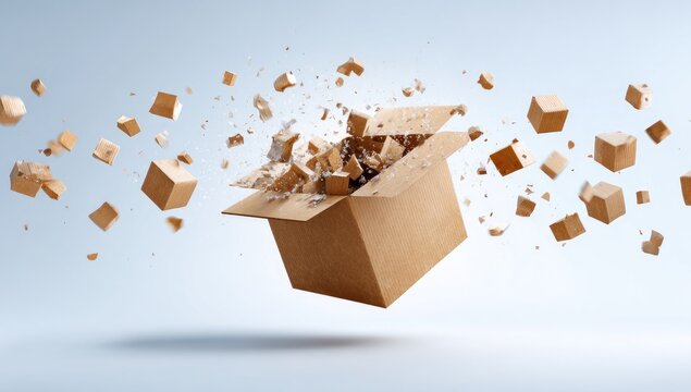Cardboard box exploding with contents