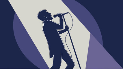 Silhouette of a man singing into a microphone on stage under a spotlight with a dark blue background