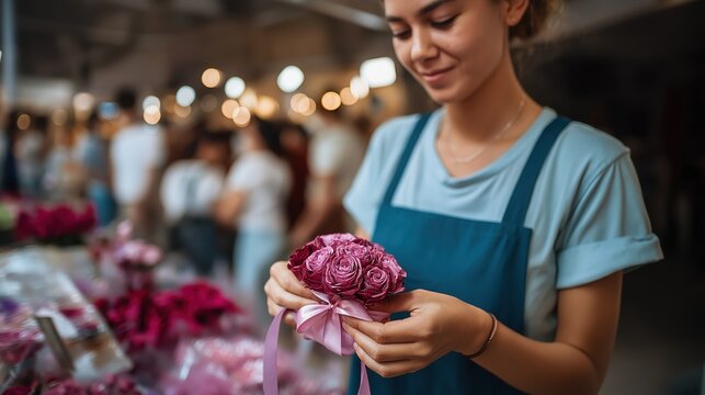 Florist arranging bouquet of roses with pink ribbon in flower shop