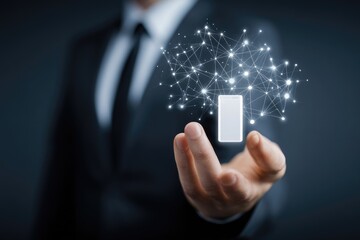 Businessman presenting a phone connected to a network