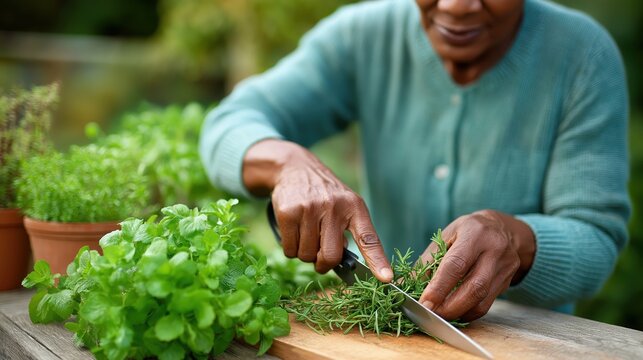 Gardener cutting fresh rosemary on wooden board - Powered by Adobe