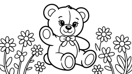 Adorable Teddy Bear in a Flower Garden - Line Art Illustration © IMPic