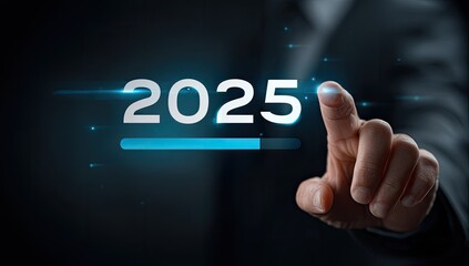 Futuristic hand interacting with a 2025 loading screen