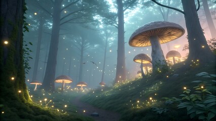 Obraz premium Mystfungi Trail – Enchanted Forest with Glowing Mushrooms, Fireflies, Lush Greenery, Winding Path Through Tall Trees, Magical Adventure Scene, Illustration