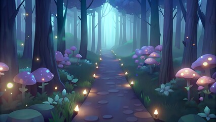 Lumipath Grove – Enchanted Forest Pathway with Glowing Lanterns, Luminescent Mushrooms, Lush Greenery, Soft Mystical Light, Magical Nature Scene, Illustration