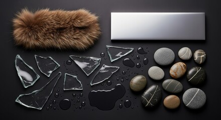 Still life arrangement featuring fur, metal bar, broken glass, water droplets, and smooth stones on black