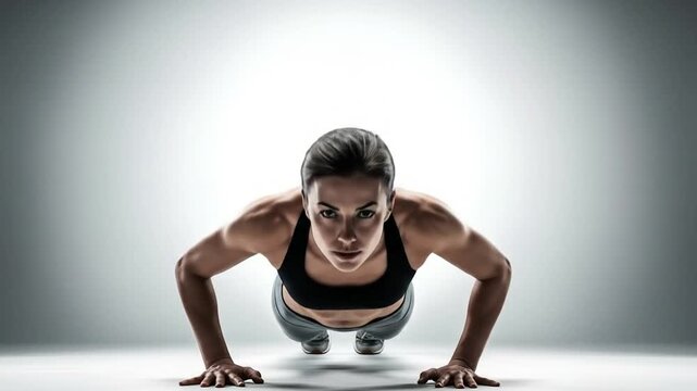 Strong Athletic Woman Performs Intense Push-Up Exercise with Determination in a Studio