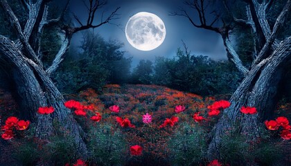red cosmos flowers dance in the moonlight amidst the lush foliage of an overgrown garden with vines and shrubs twisted around ancient tree trunks