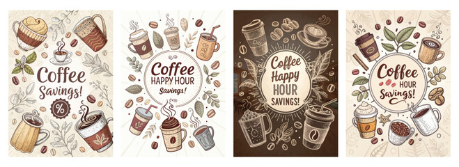 Four vibrant coffee-themed illustrations featuring cups and beans, perfect for promotions or decor.