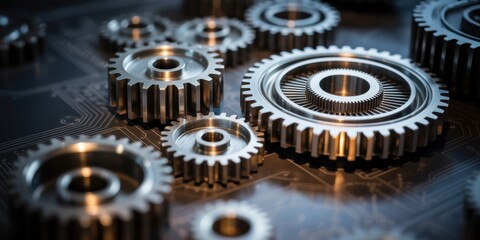 Close up of gears and cogwheels meshing together on a circuit board