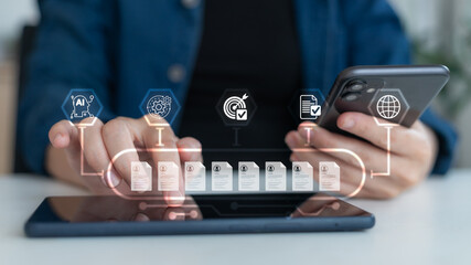 User managing documents on tablet with AI, automation, and global network icons, representing smart digital workflow, document verification, and cloud integration.