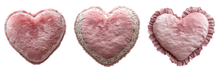 Fluffy Pink Heart Shaped Cushion with Lace Trim Isolated on Transparent Background