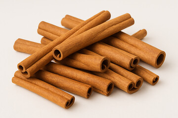 Pile of aromatic cinnamon sticks isolated on white background, close-up view of spice