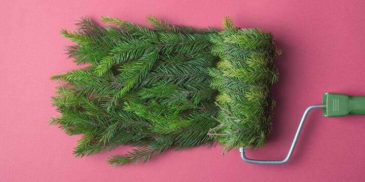 Paint roller wrapped in spruce rolls festive green texture on pink background, witty Christmas DIY concept for winter promotions.