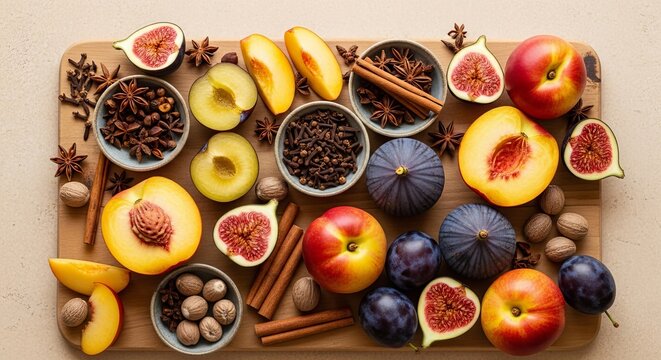Overhead view of assorted fresh fruits and spices arranged on a wooden cutting board surface top down