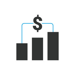 Bar chart with rising columns connected to dollar sign icon symbolizing financial growth