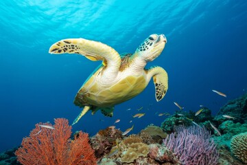 Sea turtle swimming gracefully over coral reef with colorful fish in clear blue ocean background, showcasing vibrant marine life concept. Ai generative
