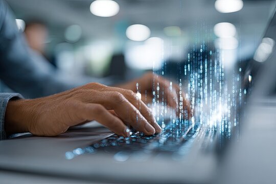 Close-up of hands typing on a laptop, digital data overlay
