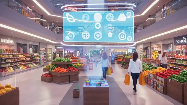 Shoppers in a modern grocery store with digital display