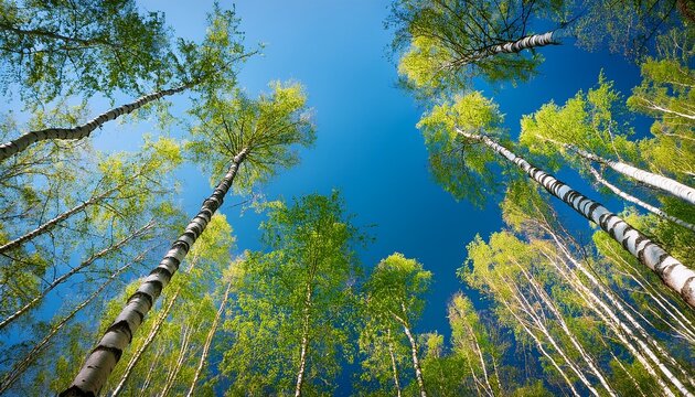 looking up of tall birch trees with vibrant green foliage and white bark against clear blue sky scenic forest photography
