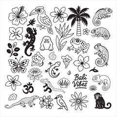Collection of black and white doodles on the theme of Bali. Food, animals, tropical plants, symbols, architecture, drinks