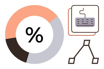 Abstract pie chart, keyboard outline, and flowchart connection for data analysis, statistics, networking. Ideal for technology, business, education, planning strategy workflow simple flat metaphor