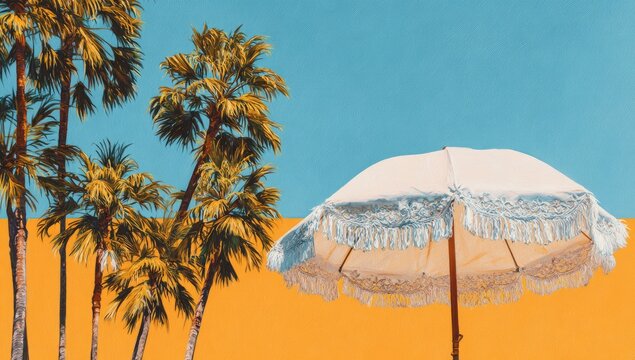 Vibrant summer scene with palm trees and umbrella