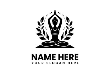 Silhouette of a woman in lotus pose with hands raised, framed by laurel branches.