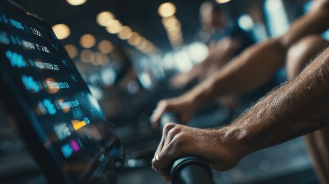 Focused view of rowers hands gripping oars with AI workout schedule on digital display behind highlighting personalized training routine as blurry teammates prepare boats in the