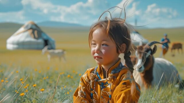Young Nomadic Girl in Mongolian Steppe. Generative AI