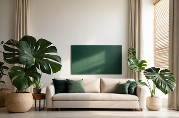 Minimalist Living Room with Natural Sunlight and Monstera Plant