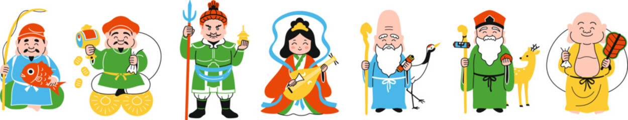 横一列に並ぶ七福神のイラスト