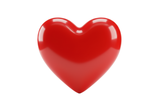 A single, perfectly formed, glossy 3D red heart, exquisitely detailed with gentle reflections, against an immaculate transparent seamless high-key background, concept of love and well-being