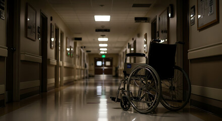 An empty wheelchair sits alone in a long, dimly lit, and deserted hospital hallway.