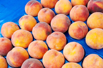 Bunch of peaches are sitting on a blue table