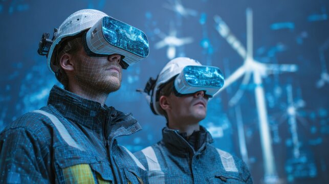 Two workers in VR headsets train together amid digital projections of wind turbines and energy data, highlighting cutting-edge technology in action - Powered by Adobe