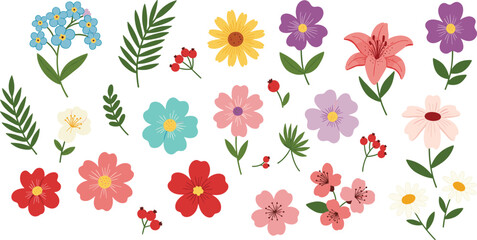 Colorful flat design floral clipart collection with leaves, daisies, lilies, wildflowers, berries, and seasonal botanical illustrations