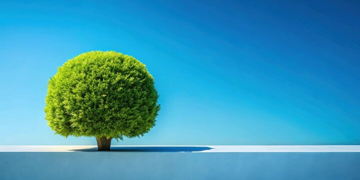 Serene round-shaped tree against a vibrant blue sky, a minimalist landscape image perfect for tranquility and serenity themes