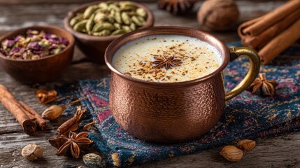 Fototapeta premium Warm spiced drink is served in a beautifully crafted copper mug. Surrounding it are bowls filled with aromatic herbs like cardamom and dried rose petals