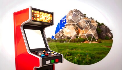 Retro arcade game in a surreal landscape
