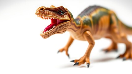 Obraz premium A detailed closeup of a dinosaur figurine with dramatic side lighting against a clean white background.