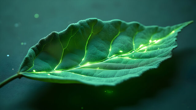 Sage Leaf with River-Like Circuit Patterns and Phosphorescent Glow