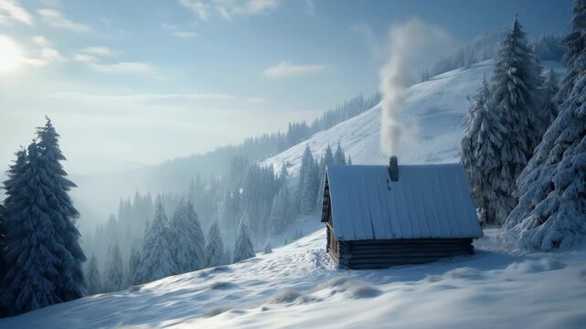 snowy cabin with misty mountain landscape