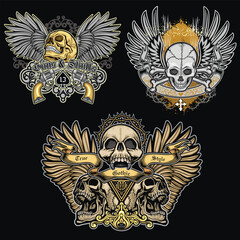 set, gothic sign with skull, grunge vintage design t shirts