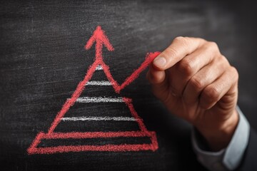 Hand drawing an upward trending pyramid graph on a chalkboard