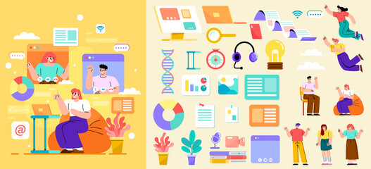 E-learning Hand Drawn Flat Icons with illustration