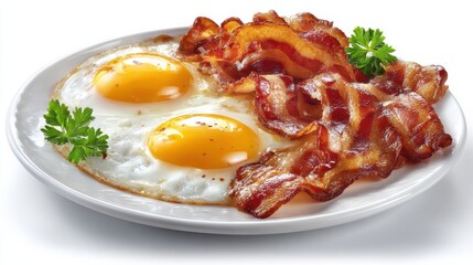 A hearty breakfast featuring two sunny side up eggs alongside crispy bacon strips. The dish is garnished with fresh parsley, presenting a tempting start to the day