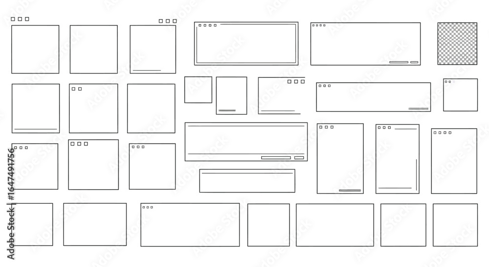 Wall mural black and white wireframe layout of multiple window interface elements